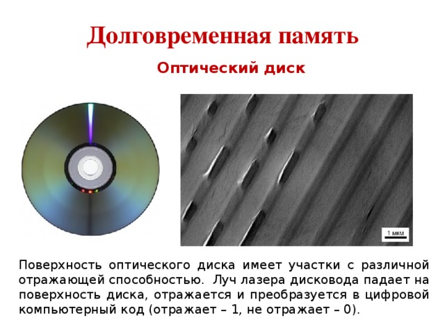 Долговременная память Оптический диск Поверхность оптического диска имеет участки с различной отражающей способностью. Луч лазера дисковода падает на поверхность диска, отражается и преобразуется в цифровой компьютерный код (отражает – 1, не отражает – 0). 