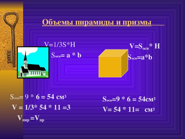 Объемы пирамиды и призмы   V =1 / 3 S * H  S осн = a * b  S осн = 9 * 6 = 54 см 3  V = 1/3* 54 * 11 = 3  V пир = V пр  V=S осн *  H  S осн = a*b     S осн =9 * 6 = 54 см 3  V= 54 * 11= см 3 