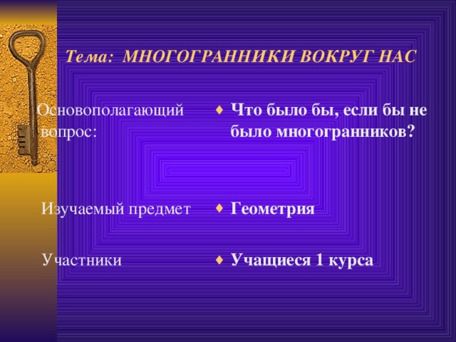 Тема: МНОГОГРАННИКИ ВОКРУГ НАС  Основополагающий вопрос:  Изучаемый предмет  Участники Что было бы, если бы не было многогранников ?   Геометрия  Учащиеся 1 курса 