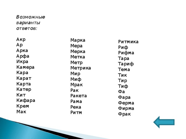 Возможные варианты ответов:  Акр Ар Арка Арфа Икра Камера Кара Карат Карта Катер Кит Кифара Крем Мак Марка Мера Мерка Метка Метр Метрика Мир Миф Мрак Рак Ракета Рама Река Ритм Ритмика Риф Рифма Тара Тариф Тема Тик Тир Тиф Фа Фара Ферма Фирма Фрак 