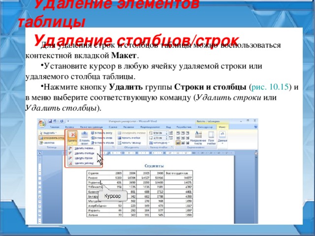 Как удалить строку в таблице. Удалить элемент из строки. В какой вкладке находятся инструменты для удаления строк из таблицы?. Для удаления столбца из таблицы.. Удалить из таблицы столбец в.