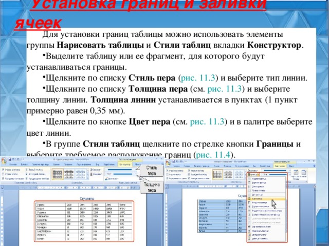 Установка границ и заливки ячеек Для установки границ таблицы можно использовать элементы группы Нарисовать таблицы и Стили таблиц вкладки Конструктор . Выделите таблицу или ее фрагмент, для которого будут устанавливаться границы. Щелкните по списку Стиль пера ( рис. 11.3 ) и выберите тип линии. Щелкните по списку Толщина пера (см. рис. 11.3 ) и выберите толщину линии. Толщина линии устанавливается в пунктах (1 пункт примерно равен 0,35 мм). Щелкните по кнопке Цвет пера (см. рис. 11.3 ) и в палитре выберите цвет линии. В группе Стили таблиц щелкните по стрелке кнопки Границы и выберите требуемое расположение границ ( рис. 11.4 ). 