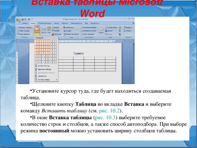 Вставка таблицы Microsoft Word Установите курсор туда, где будет находиться создаваемая таблица. Щелкните кнопку Таблица во вкладке Вставка и выберите команду Вставить таблицу (см. рис. 10.2 ). В окне Вставка таблицы ( рис. 10.3 ) выберите требуемое количество строк и столбцов, а также способ автоподбора. При выборе режима постоянный можно установить ширину столбцов таблицы. 