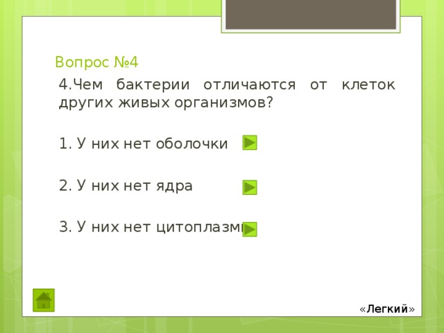 Вопрос №4 4.Чем бактерии отличаются от клеток других живых организмов? 1. У них нет оболочки 2. У них нет ядра 3. У них нет цитоплазмы «Легкий» 