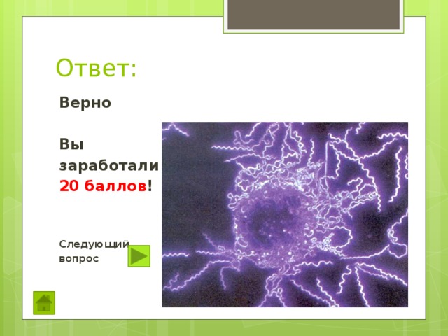 Ответ: Верно  Вы заработали 20 баллов !   Следующий вопрос 