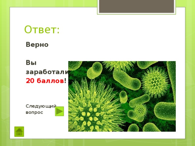 Ответ: Верно  Вы заработали 20 баллов !   Следующий вопрос  