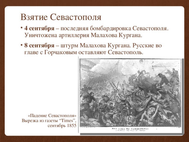 Взятие Севастополя 4 сентября – последняя бомбардировка Севастополя. Уничтожена артиллерия Малахова Кургана. 8 сентября – штурм Малахова Кургана. Русские во главе с Горчаковым оставляют Севастополь. «Падение Севастополя» Вырезка из газеты “Times”, сентябрь 1855 