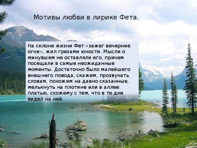 Мотивы любви в лирике Фета. На склоне жизни Фет «зажег вечерние огни», жил грезами юности. Мысли о минувшем не оставляли его, причем посещали в самые неожиданные моменты. Достаточно было малейшего внешнего повода, скажем, прозвучать словам, похожим на давно сказанные, мелькнуть на плотине или в аллее платью, схожему с тем, что в те дни видел на ней. 