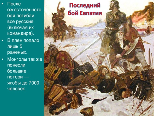 После ожесточённого боя погибли все русские (включая их командира). В плен попало лишь 5 раненых. Монголы также понесли большие потери — якобы до 7000 человек 