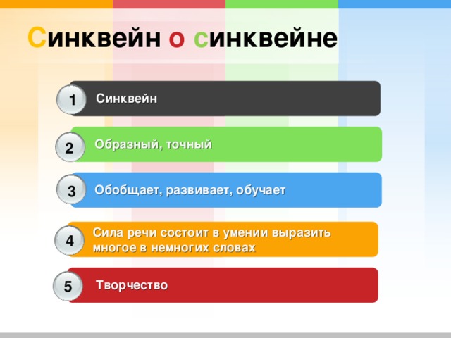 С инквейн о  с инквейне Синквейн 1 Образный, точный 2 3 Обобщает, развивает, обучает Сила речи состоит в умении выразить многое в немногих словах 4 5 Творчество 