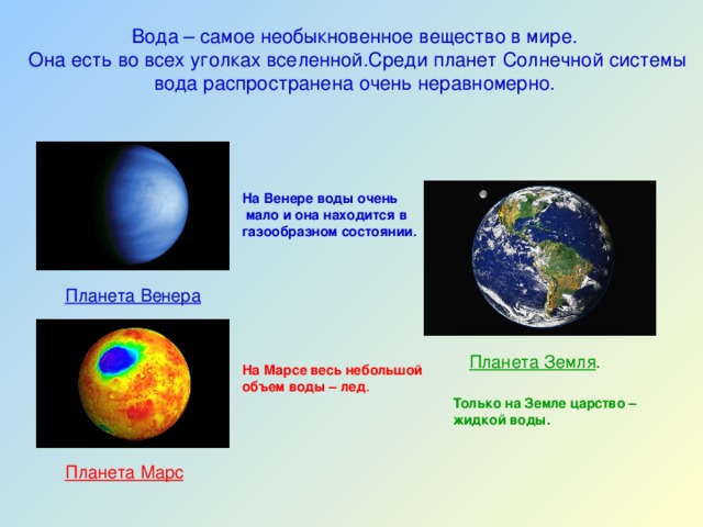 Вода – самое необыкновенное вещество в мире.  Она есть во всех уголках вселенной.Среди планет Солнечной системы вода распространена очень неравномерно. На Венере воды очень  мало и она находится в газообразном состоянии . Планета Венера Планета Земля . На Марсе весь небольшой объем воды – лед . Только на Земле царство – жидкой воды. Планета Марс  