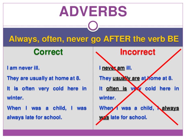 adverbs Always, often, never go AFTER the verb BE Correct Incorrect I am never ill. I never am ill. They are usually at home at 8. They usually are at home at 8. It is often very cold here in winter. It often is very cold here in winter. When I was a child, I was always late for school. When I was a child, I always was late for school. 