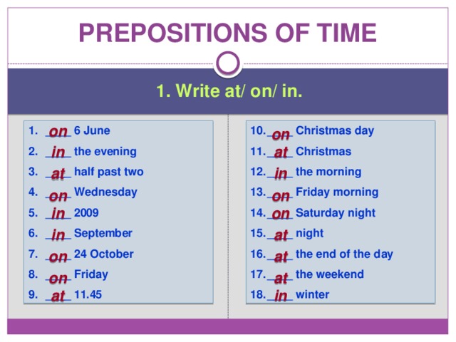 Prepositions of time 1. Write at/ on/ in. ____ 6 June ____ the evening ____ half past two ____ Wednesday ____ 2009 ____ September ____ 24 October ____ Friday ____ 11.45 ____ Christmas day ____ Christmas ____ the morning ____ Friday morning ____ Saturday night ____ night ____ the end of the day ____ the weekend ____ winter on on at in at in on on in on at in on at on at at in 
