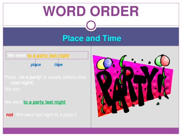 Word order Place and Time   place time Place ( to a party ) is usually before time ( last night ). We say: We went to a party last night . ( not “We went last night to a party”) We went to a party last night . 