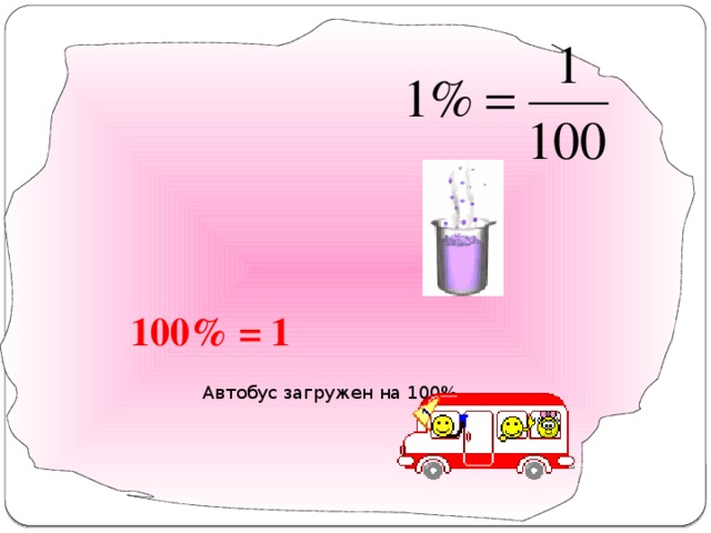 Процент - это 100% = 1 Автобус загружен на 100% сотая часть числа 