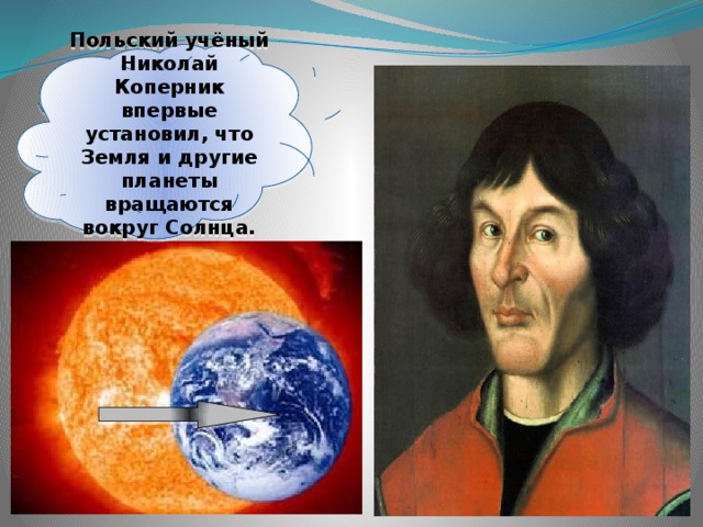 Польский учёный Николай Коперник впервые установил, что Земля и другие планеты вращаются вокруг Солнца. 