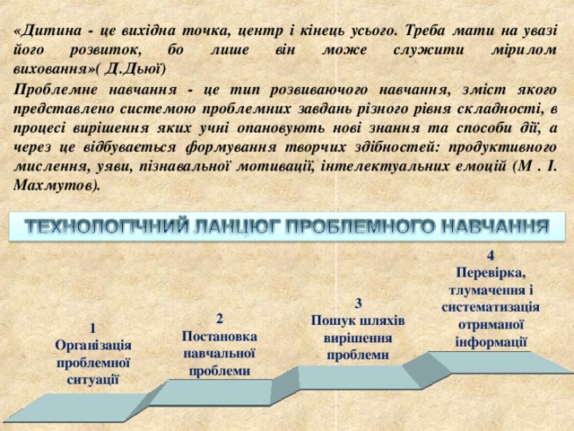 «Дитина - це вихідна точка, центр і кінець усього. Треба мати на увазі його розвиток, бо лише він може служити мірилом виховання»( Д.Дьюї) Проблемне навчання - це тип розвиваючого навчання, зміст якого представлено системою проблемних завдань різного рівня складності, в процесі вирішення яких учні опановують нові знання та способи дії, а через це відбувається формування творчих здібностей: продуктивного мислення, уяви, пізнавальної мотивації, інтелектуальних емоцій (М . І. Махмутов). 4 Перевірка, тлумачення і систематизація отриманої інформації 3 Пошук шляхів вирішення проблеми 2 Постановка навчальної проблеми 1 Організація проблемної ситуації 