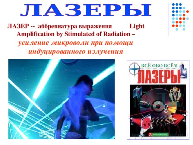 ЛАЗЕР -- аббревиатура выражения Light Amplification by Stimulated of Radiation – усиление микроволн при помощи индуцированного излучения 