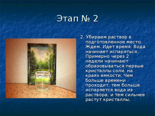 Этап № 2 2. Убираем раствор в подготовленное место. Ждем. Идет время. Вода начинает испаряться. Примерно через 2 недели начинают образовываться первые кристаллы соли, на краях емкости. Чем больше времени проходит, тем больше испаряется вода из раствора, и тем сильнее растут кристаллы. 