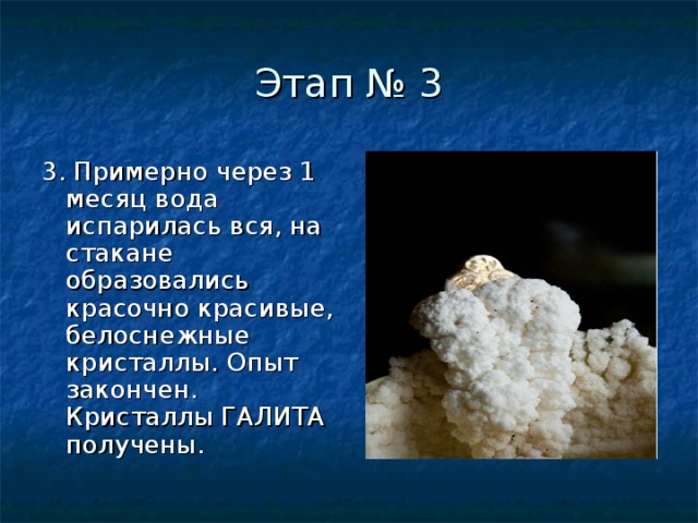 Этап № 3 3. Примерно через 1 месяц вода испарилась вся, на стакане образовались красочно красивые, белоснежные кристаллы. Опыт закончен. Кристаллы ГАЛИТА получены. 