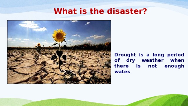 What is the disaster? Drought is a long period of dry weather when there is not enough water.