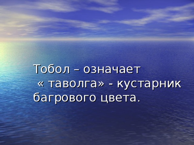 Тобол – означает  « таволга» - кустарник багрового цвета.      