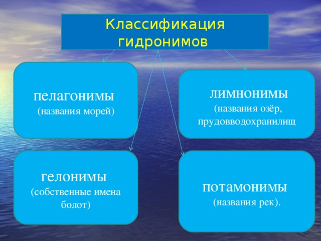 Классификация гидронимов пелагонимы (названия морей)  лимнонимы  (названия озёр, прудовводохранилищ гелонимы (собственные имена болот) потамонимы (названия рек). 