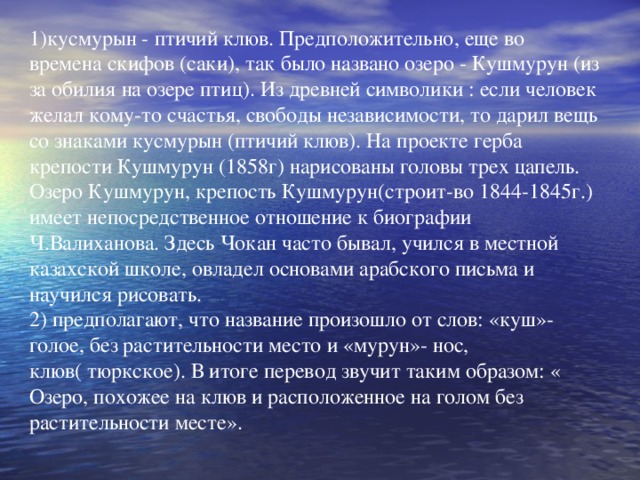 1)кусмурын - птичий клюв. Предположительно, еще во времена скифов (саки), так было названо озеро - Кушмурун (из за обилия на озере птиц). Из древней символики : если человек желал кому-то счастья, свободы независимости, то дарил вещь со знаками кусмурын (птичий клюв). На проекте герба крепости Кушмурун (1858г) нарисованы головы трех цапель. Озеро Кушмурун, крепость Кушмурун(строит-во 1844-1845г.) имеет непосредственное отношение к биографии Ч.Валиханова. Здесь Чокан часто бывал, учился в местной казахской школе, овладел основами арабского письма и научился рисовать.  2) предполагают, что название произошло от слов: «куш»- голое, без растительности место и «мурун»- нос, клюв( тюркское). В итоге перевод звучит таким образом: « Озеро, похожее на клюв и расположенное на голом без растительности месте».   