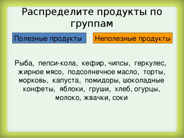  Распределите продукты по группам   Полезные продукты Неполезные продукты Рыба, пепси-кола, кефир, чипсы, геркулес, жирное мясо, подсолнечное масло, торты, морковь, капуста, помидоры, шоколадные конфеты, яблоки, груши, хлеб, огурцы, молоко, жвачки, соки 