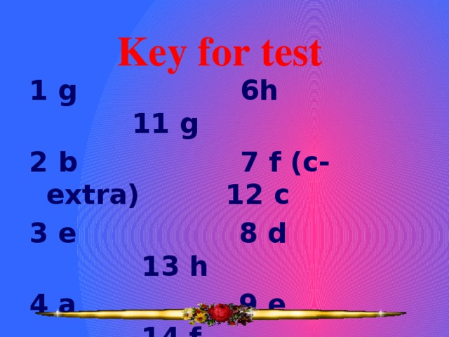 Key for test 1 g 6h 11 g 2 b 7 f (c-extra) 12 c 3 e 8 d 13 h 4 a 9 e 14 f 5 d 10 b 15 i  16a  