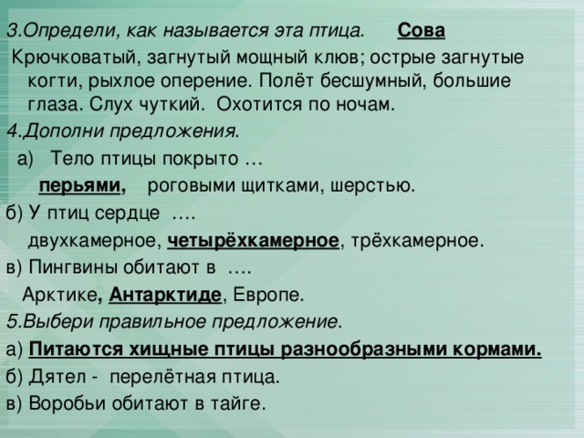 3.Определи, как называется эта птица. Сова  Крючковатый, загнутый мощный клюв; острые загнутые когти, рыхлое оперение. Полёт бесшумный, большие глаза. Слух чуткий. Охотится по ночам. 4.Дополни предложения .  а) Тело птицы покрыто …  перьями , роговыми щитками, шерстью. б) У птиц сердце ….  двухкамерное,  четырёхкамерное , трёхкамерное. в) Пингвины обитают в ….  Арктике , Антарктиде , Европе. 5.Выбери правильное предложение . а) Питаются хищные птицы разнообразными кормами. б) Дятел - перелётная птица. в) Воробьи обитают в тайге. 