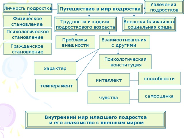 Увлечения подростков Путешествие в мир подростка Личность подростка Физическое становление Внешняя ближайшая  социальная среда Трудности и задачи подросткового возраста Психологическое становление Взаимоотношения с другими Проблемы внешности Гражданское становление Психологическая  конституция характер способности интеллект темперамент самооценка чувства Внутренний мир младшего подростка  и его знакомство с внешним миром 