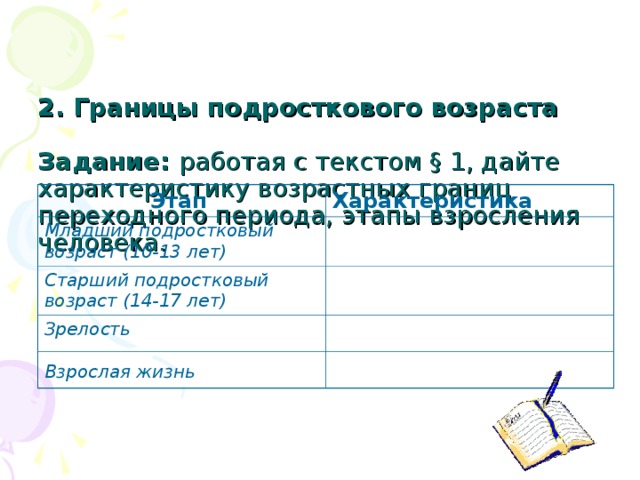    2 . Границы подросткового возраста    Задание:  работая с текстом § 1, дайте характеристику возрастных границ переходного периода, этапы взросления человека. Этап  Характеристика  Младший подростковый возраст (10-13 лет)  Старший подростковый возраст (14-17 лет)  Зрелость  Взрослая жизнь  