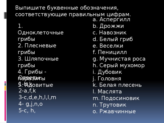 Выпишите буквенные обозначения, соответствующие правильным цифрам. a. Аспергилл b. Дрожжи c. Навозник d. Белый гриб e. Веселки f. Пеницилл g. Мучнистая роса h. Серый мухомор i. Дубовик j. Головня k. Белая плесень l. Маслята m. Подосиновик n. Трутовик o. Ржавчинные 1. Одноклеточные грибы 2. Плесневые грибы 3. Шляпочные грибы 4. Грибы - паразиты 5. Ядовитые Ответы: 1-b,k 2-a,f,k 3-c,d,e,h,I,l,m 4- g,j,n,o 5-с, h, 