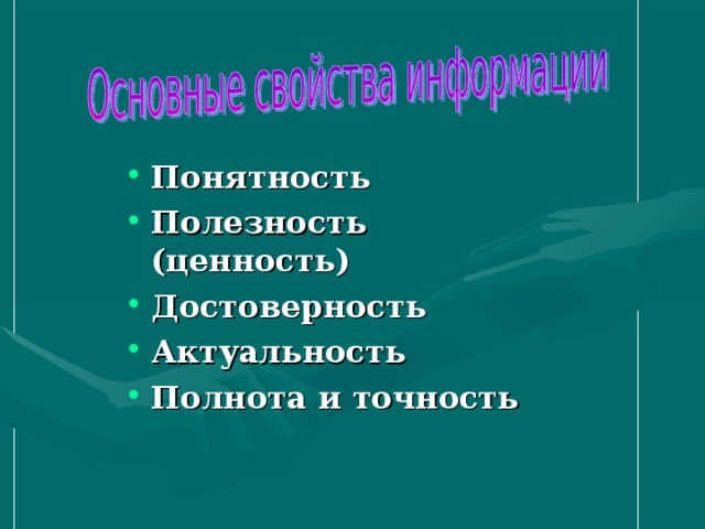 Понятность Полезность (ценность) Достоверность Актуальность Полнота и точность 