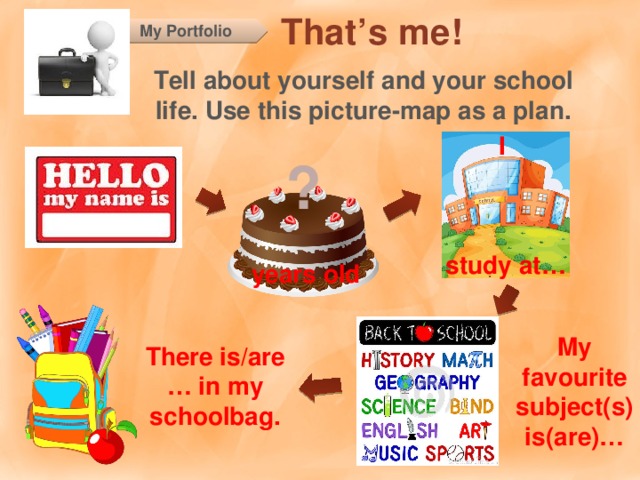 That’s me! My Portfolio Tell about yourself and your school life. Use this picture-map as a plan. I    study at… ? years old Введение темы модуля. Попросите учащихся посмотреть на название, вспомнить о чём они говорили только что и перевести тему, объяснив, что предполагается изучать в модуле 2. Предполагаемый ответ: The module is about me personally/ I think we are going to learn to talk about ourselves, the things we like, our hobbies and interests. My favourite subject(s) is(are)… There is/are … in my schoolbag.  