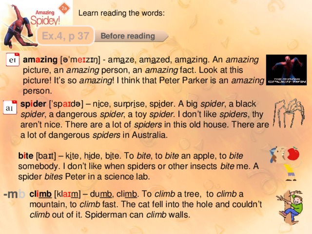 Learn reading the words: Ex.4, p 37 Before reading am a zing  [əˈm eɪ zɪŋ] - am a ze, am a zed, am a zing. An amazing picture, an amazing person, an amazing fact. Look at this picture! It’s so amazing ! I think that Peter Parker is an amazing person. sp i der  [ˈsp aɪ də] – n i ce, surpr i se, sp i der. A big spider , a black spider , a dangerous spider , a toy spider . I don’t like spiders , thy aren’t nice. There are a lot of spiders in this old house. There are a lot of dangerous spiders in Australia. b i te  [baɪt] – k i te, h i de, b i te. To bite , to bite an apple, to bite somebody. I don’t like when spiders or other insects bite me. A spider bites Peter in a science lab. -m b cl i mb   [kl aɪ m ] – du mb , cli mb . To climb a tree, to climb a mountain, to climb fast. The cat fell into the hole and couldn’t climb out of it. Spiderman can climb walls. 