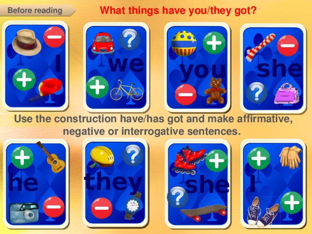 What things have you/they got? Before reading I we she you Use the construction have/has got and make affirmative, negative or interrogative sentences. Задачи: Развитие умения употреблять ЛЕ в речи. Повторение конструкции have/has got. Мотивация к дальнейшей работе по теме. they he I she  