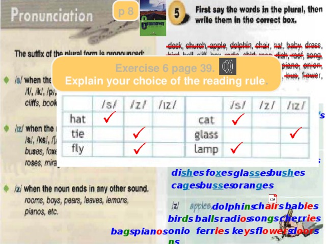 p 8 Exercise 6 page 39. Explain your choice of the reading rule . shir t s roo f s ha t s clif f s my th s baske t s clo ck s skir t s dre ss es bo x es ro s es Введение и первичное закрепление правила чтения окончаний множественного числа имён существительных (см. Grammarway 1) Упр.6 стр.39 – Задача: развитие фонематического слуха и произносительных навыков: освоение правил формирования мн.ч.сущ-х и их произношения. fo x es di sh es bu sh es gla ss es ca g es bu ss es oran g es bab ie s ch air s dolphi n s cherr ie s son g s radi o s bal l s bir d s fl ower s d oor s ke y s ferr ie s onio n s ba g s pian o s  