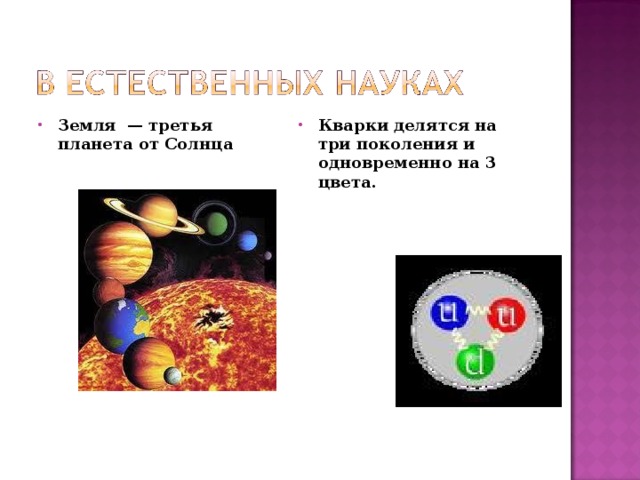 Земля  — третья планета от Солнца   Кварки делятся на три поколения и одновременно на 3 цвета.  