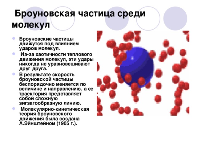  Броуновская частица среди молекул  Броуновские частицы движутся под влиянием ударов молекул.  Из-за хаотичности теплового движения молекул, эти удары никогда не уравновешивают друг друга. В результате скорость броуновской частицы беспорядочно меняется по величине и направлению, а ее траектория представляет собой сложную зигзагообразную линию.  Молекулярно-кинетическая теория броуновского движения была создана А.Эйнштейном (1905 г.).  