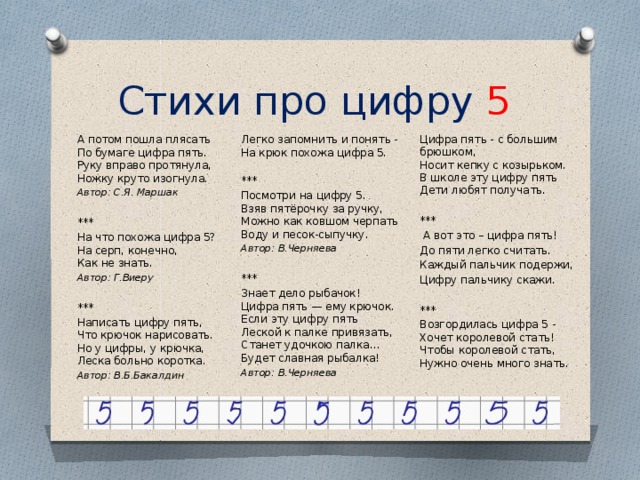 Стихи про цифру 5  Цифра пять - с большим брюшком,  Носит кепку с козырьком.  В школе эту цифру пять  Дети любят получать. А потом пошла плясать  По бумаге цифра пять.  Руку вправо протянула,  Ножку круто изогнула. Легко запомнить и понять -  На крюк похожа цифра 5.   Автор: С.Я. Маршак   *** Посмотри на цифру 5.  Взяв пятёрочку за ручку,  Можно как ковшом черпать  Воду и песок-сыпучку. *** ***   А вот это – цифра пять! Автор: В.Черняева До пяти легко считать. На что похожа цифра 5?  На серп, конечно,  Как не знать. Автор: Г.Виеру *** Каждый пальчик подержи, Знает дело рыбачок!  Цифра пять — ему крючок.  Если эту цифру пять  Леской к палке привязать,  Станет удочкою палка…  Будет славная рыбалка! Цифру пальчику скажи. Автор: В.Черняева ***     Написать цифру пять,  Что крючок нарисовать.  Но у цифры, у крючка,  Леска больно коротка. *** Возгордилась цифра 5 -  Хочет королевой стать!  Чтобы королевой стать,  Нужно очень много знать. Автор: В.Б.Бакалдин 