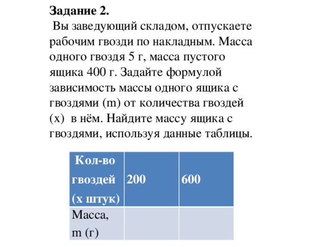 Задание 2.   Вы заведующий складом, отпускаете рабочим гвозди по накладным. Масса одного гвоздя 5 г, масса пустого ящика 400 г. Задайте формулой зависимость массы одного ящика с гвоздями (m) от количества гвоздей (х)  в нём. Найдите массу ящика с гвоздями, используя данные таблицы.  Кол-во гвоздей (х штук) Масса,  600 m (г) 200 