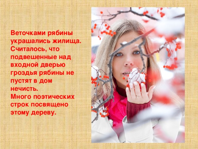 Веточками рябины украшались жилища. Считалось, что подвешенные над входной дверью гроздья рябины не пустят в дом нечисть. Много поэтических строк посвящено этому дереву. 