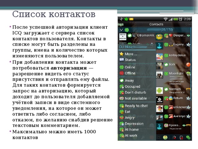 Список контактов телефонов