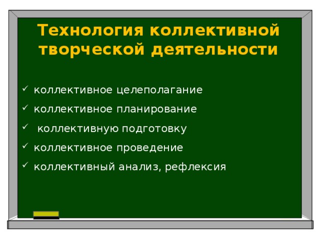 Технология коллективной творческой деятельности коллективное целеполагание коллективное планирование  коллективную подготовку коллективное проведение коллективный анализ, рефлексия 