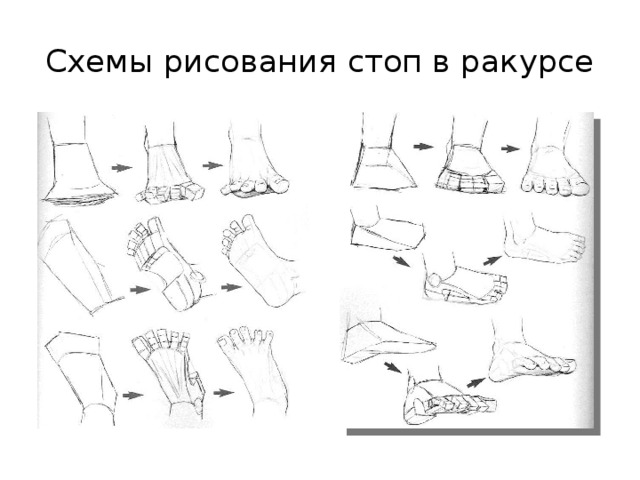 Схемы рисования стоп в ракурсе 