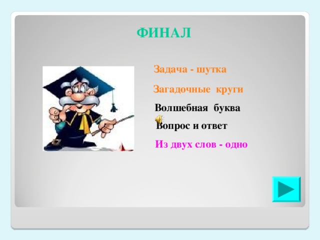 ФИНАЛ Задача - шутка Загадочные  круги Волшебная буква Вопрос и ответ Из двух слов - одно 