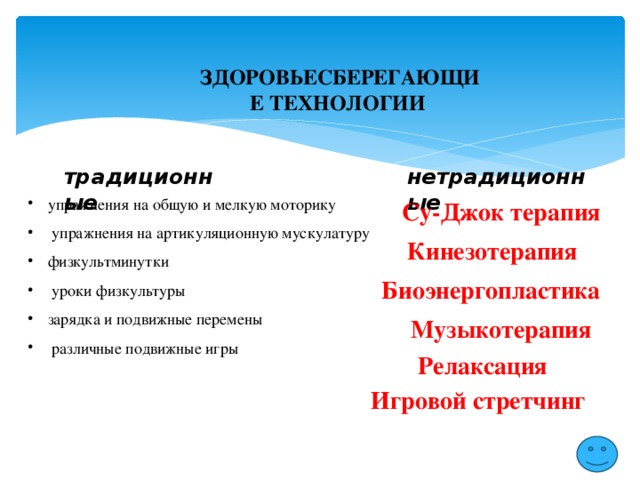 ЗДОРОВЬЕСБЕРЕГАЮЩИЕ ТЕХНОЛОГИИ традиционные нетрадиционные упражнения на общую и мелкую моторику  упражнения на артикуляционную мускулатуру физкультминутки  уроки физкультуры зарядка и подвижные перемены  различные подвижные игры Су-Джок терапия Кинезотерапия Биоэнергопластика Музыкотерапия Релаксация Игровой стретчинг 