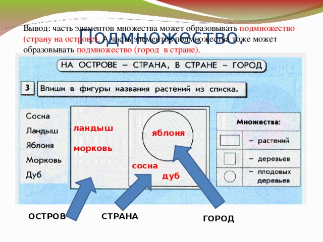 Части вывести. Остров для множества Информатика 3 класс. Подмножества растений. Город Информатика. На острове Страна в стране город Информатика 3.